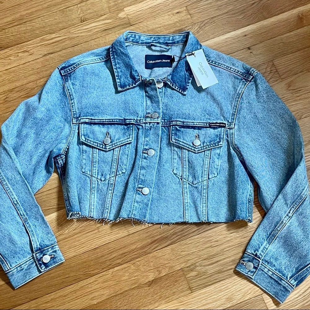 Calvin Klein Jeans Womens Jean Jacket Blue Buttons Distressed Denim Collar L New
